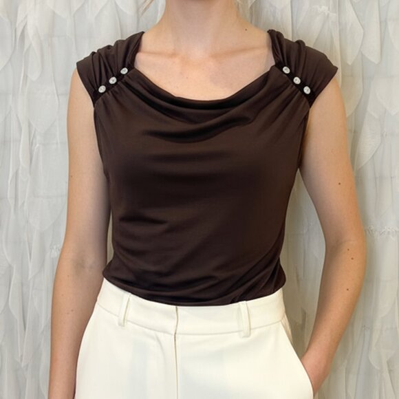 White House Black Market Brown Sleeveless Drape Neck Top | Women's Size Medium - Picture 2 of 7
